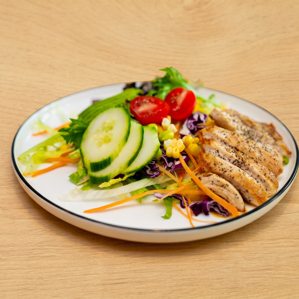 Grilled chicken salad with mixed greens, cucumber, tomatoes, corn, and shredded carrots on a white plate.