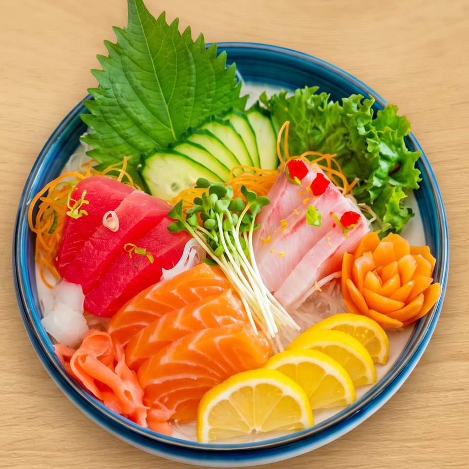 A colorful sashimi platter with tuna, salmon, and white fish, garnished with lemon, sprouts, and vegetables.