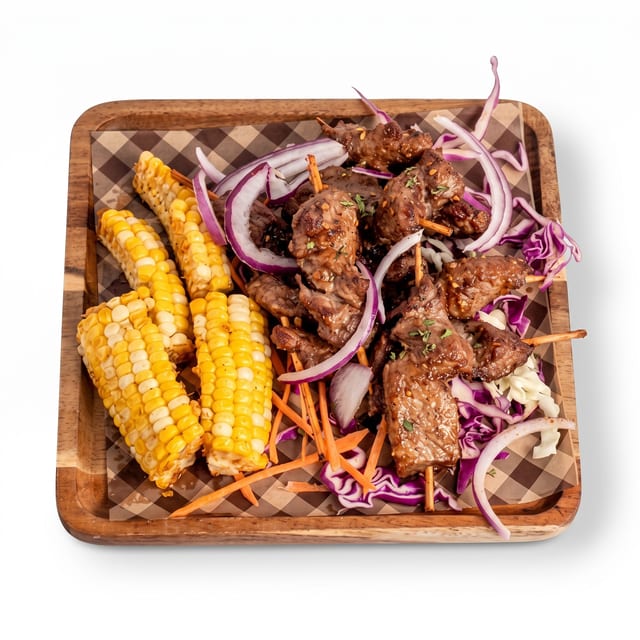 Beef Kebabs and Corn.