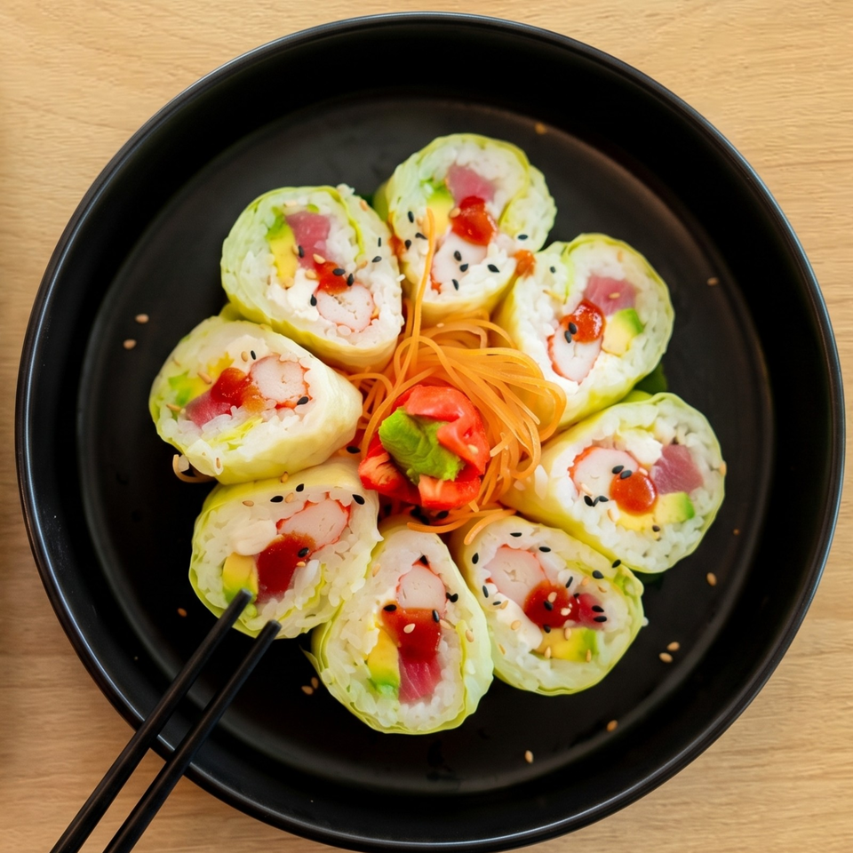 Sushi rolls with tuna, avocado, and crab, garnished with sesame seeds and pickled ginger.