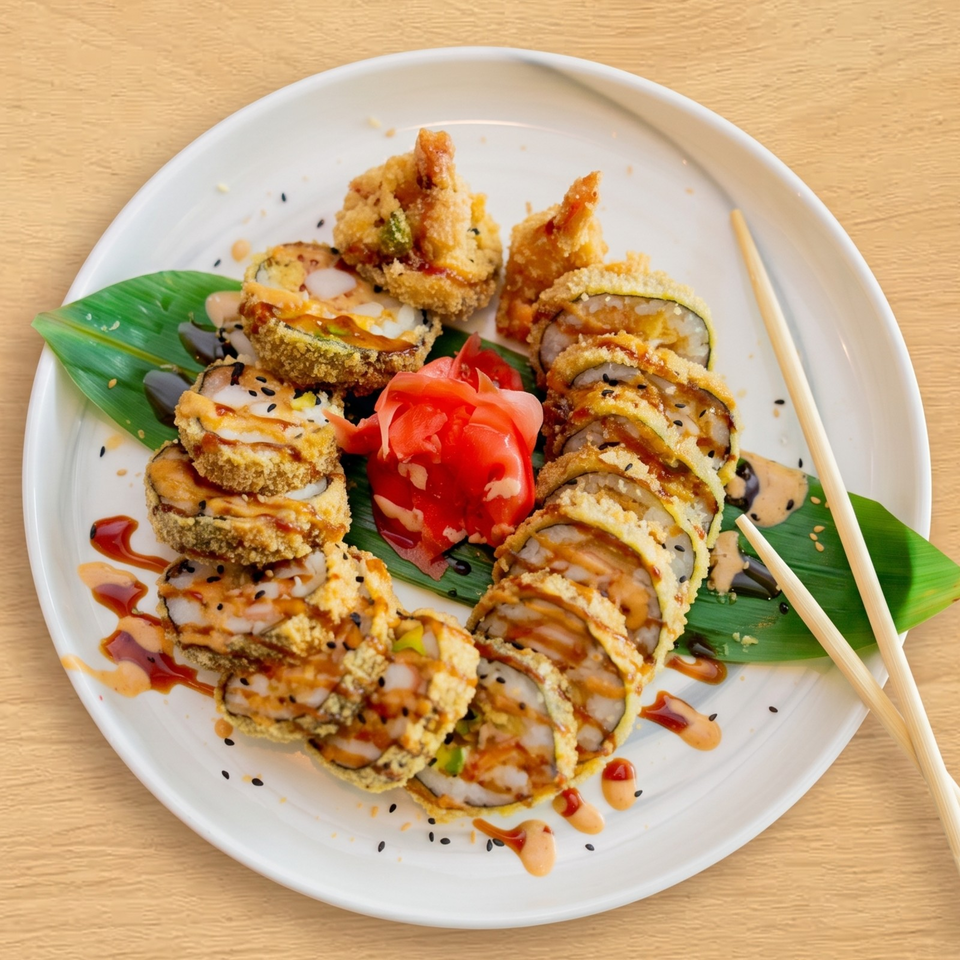 Crispy fried sushi rolls and tempura shrimp with sauces, ginger, and chopsticks on a white plate.