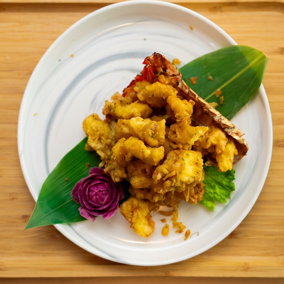 Crispy golden fried calamari served in a lobster shell, garnished with a purple carved radish and green leaves.