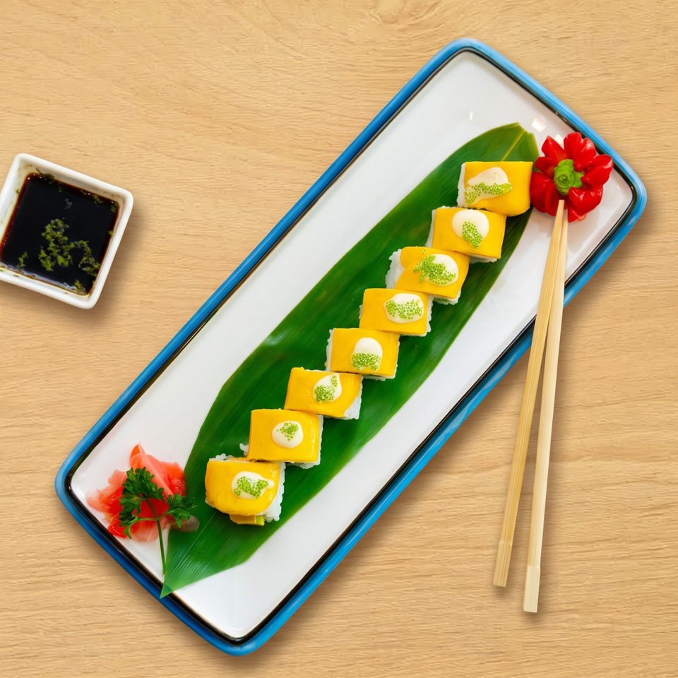 Mango sushi rolls with cream and green caviar, soy sauce, and chopsticks on a wooden table.